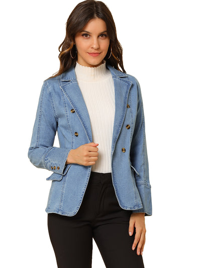 Notched Lapel Long Sleeve Pockets Denim Blazer Jean Jacket