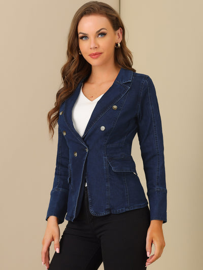 Notched Lapel Long Sleeve Pockets Denim Blazer Jean Jacket