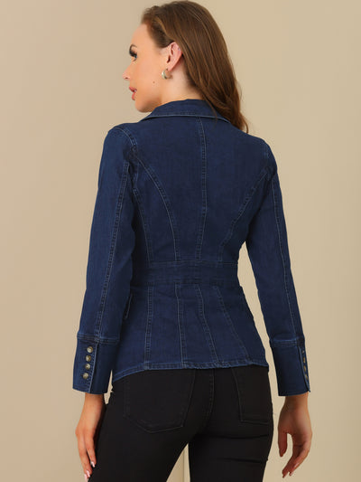 Notched Lapel Long Sleeve Pockets Denim Blazer Jean Jacket