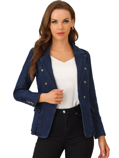 Notched Lapel Long Sleeve Pockets Denim Blazer Jean Jacket