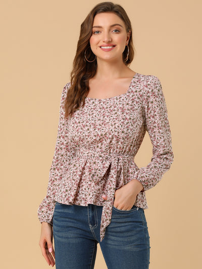 Long Sleeve Square Neck Belted Peplum Floral Top Blouse