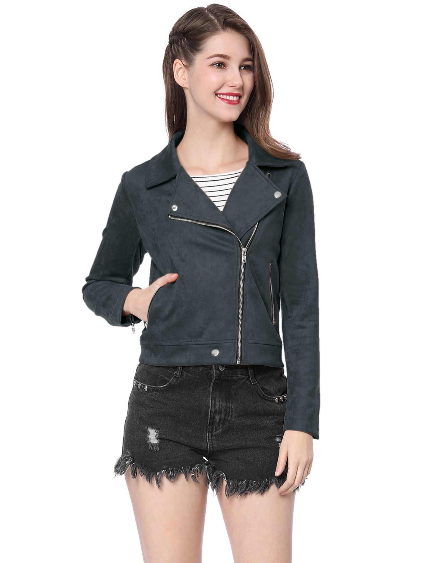 Allegra K Faux Suede Casual Short Soft Zip Up Biker Moto Jacket