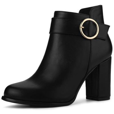 Round Toe Circle Buckle Chunky Heel Ankle Boots