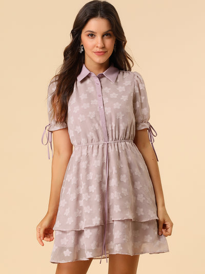 Peter Pan Collar Floral Drawstring Chiffon Layered Dress