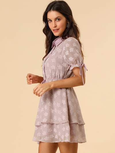 Peter Pan Collar Floral Drawstring Chiffon Layered Dress