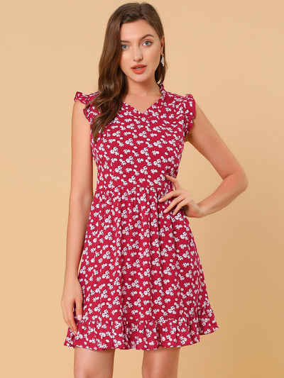 Floral Print V Neck A-Line Summer Sleeveless Ruffle Mini Dress Sundress