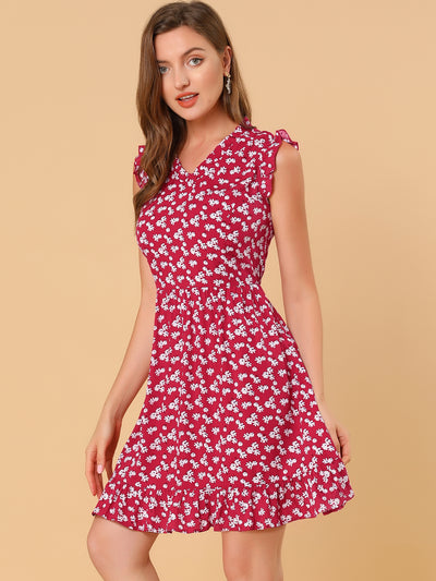 Floral Print V Neck A-Line Summer Sleeveless Ruffle Mini Dress Sundress