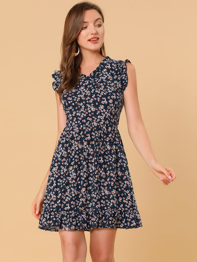 Floral Print V Neck A-Line Summer Sleeveless Ruffle Mini Dress Sundress