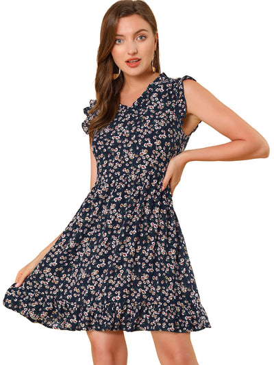 Floral Print V Neck A-Line Summer Sleeveless Ruffle Mini Dress Sundress