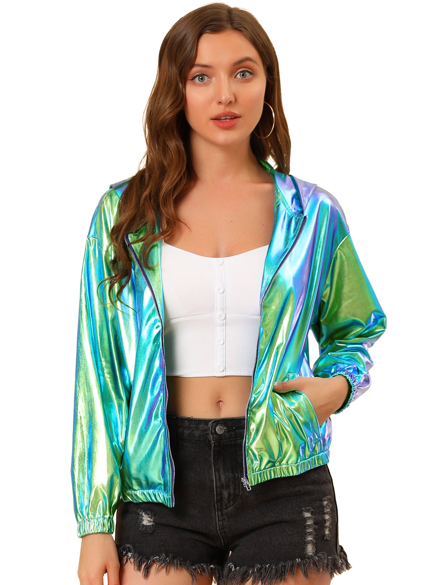 Allegra K Holographic Party Shiny Lightweight Zipper Hooded Metallic Jacket