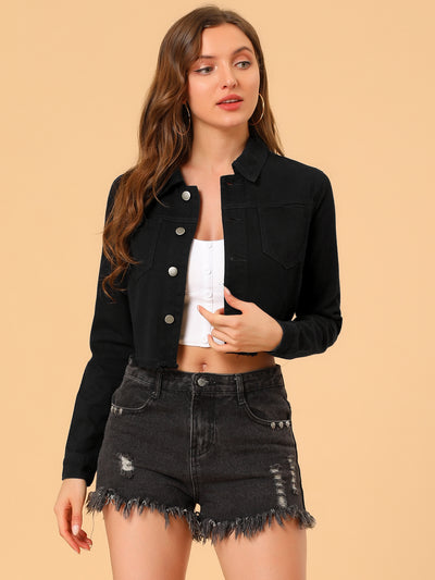 Trendy Frayed Button Up Washed Cropped Denim Jacket