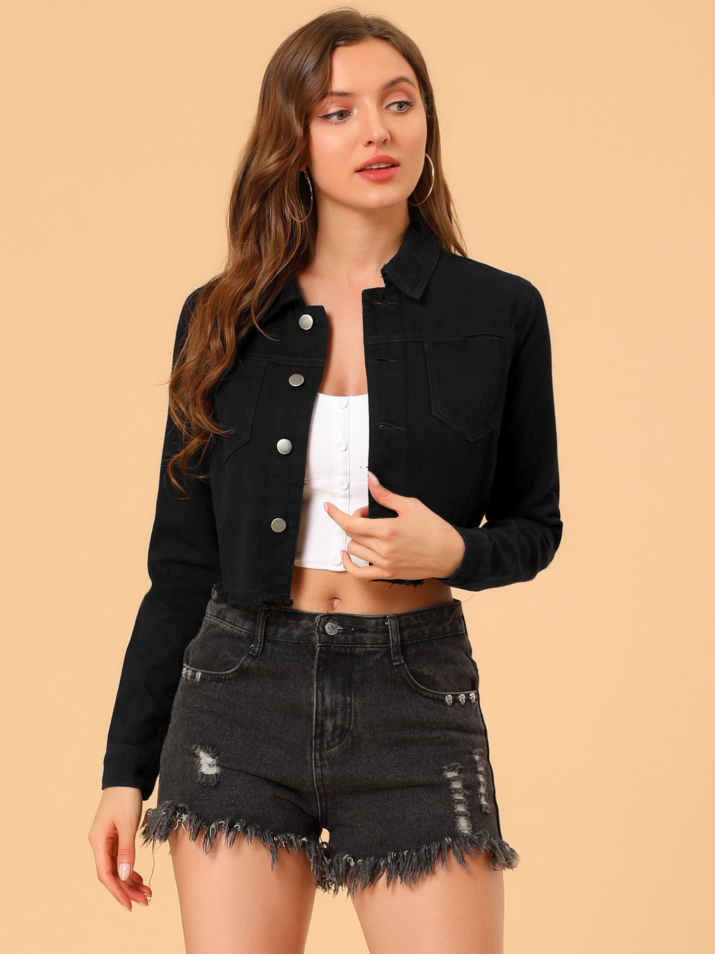 Allegra K Trendy Frayed Button Up Washed Cropped Denim Jacket