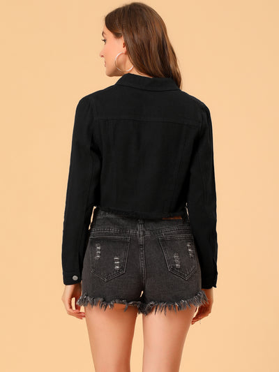 Trendy Frayed Button Up Washed Cropped Denim Jacket