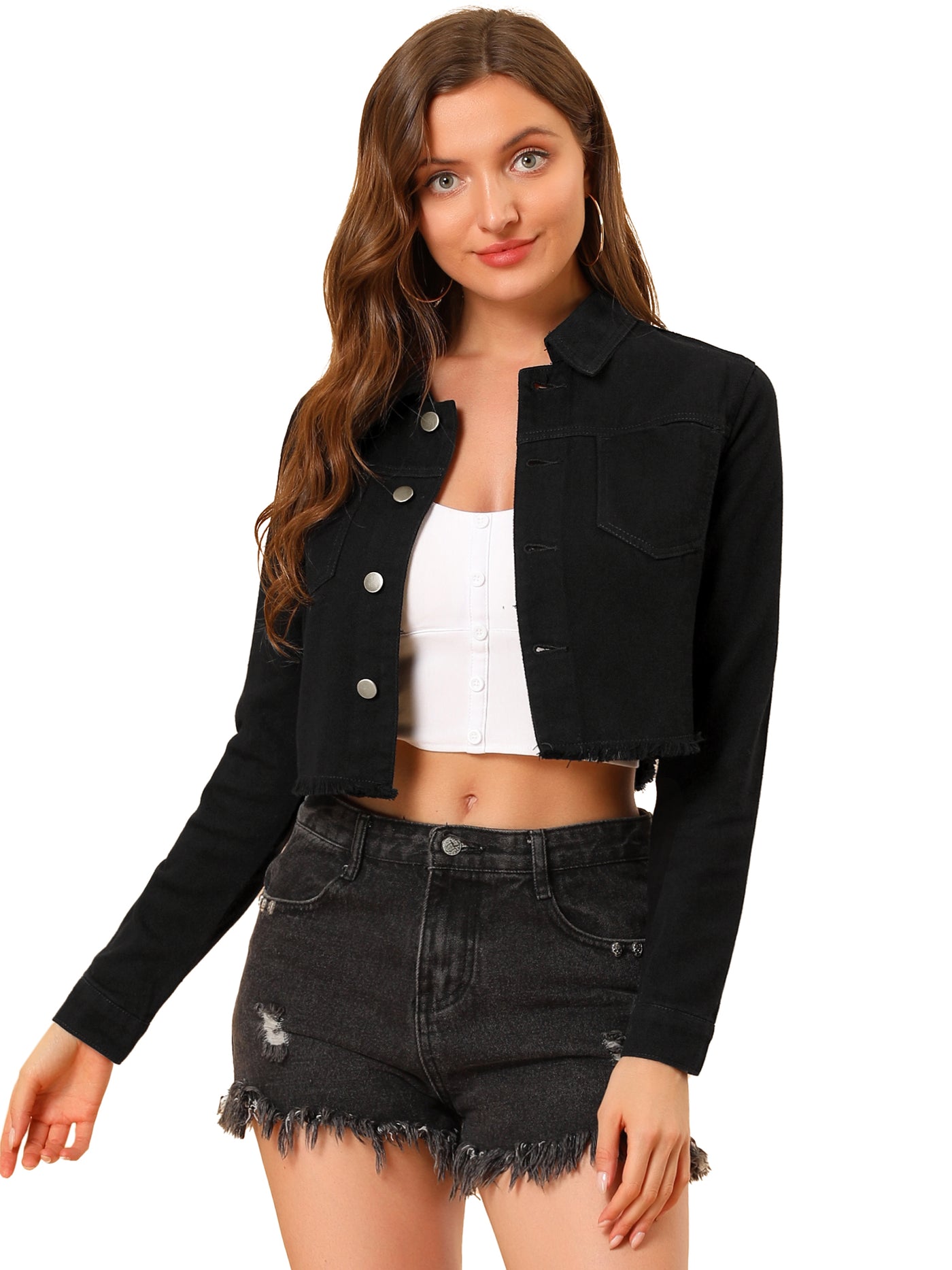 Allegra K Trendy Frayed Button Up Washed Cropped Denim Jacket