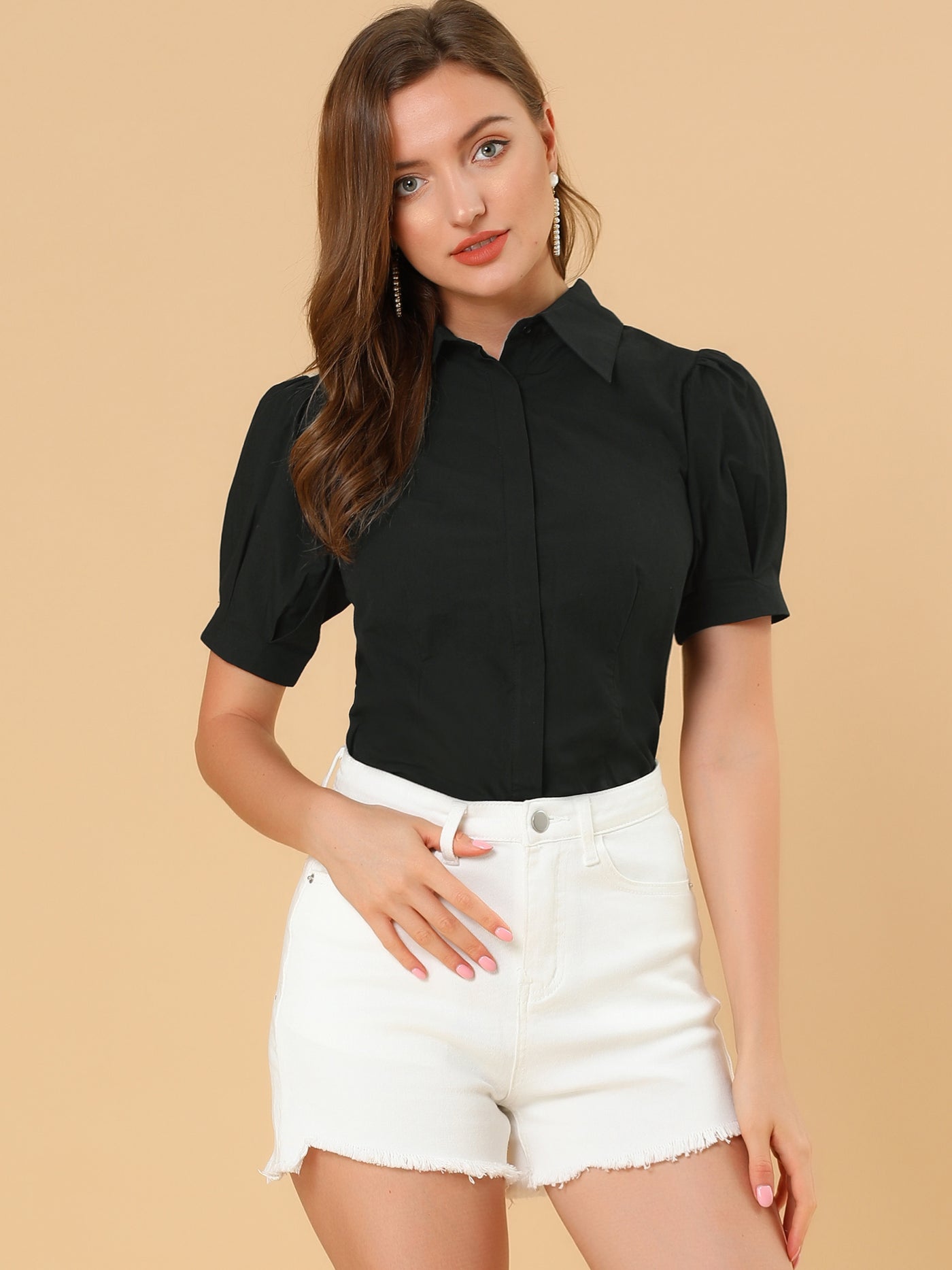 Allegra K Puff Sleeve Collared Cotton Work Office Button Down Shirt