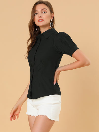 Puff Sleeve Collared Cotton Work Office Button Down Shirt