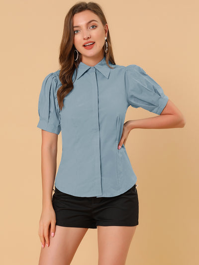 Puff Sleeve Collared Cotton Work Office Button Down Shirt