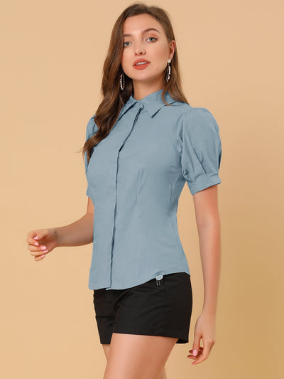 Puff Sleeve Collared Cotton Work Office Button Down Shirt