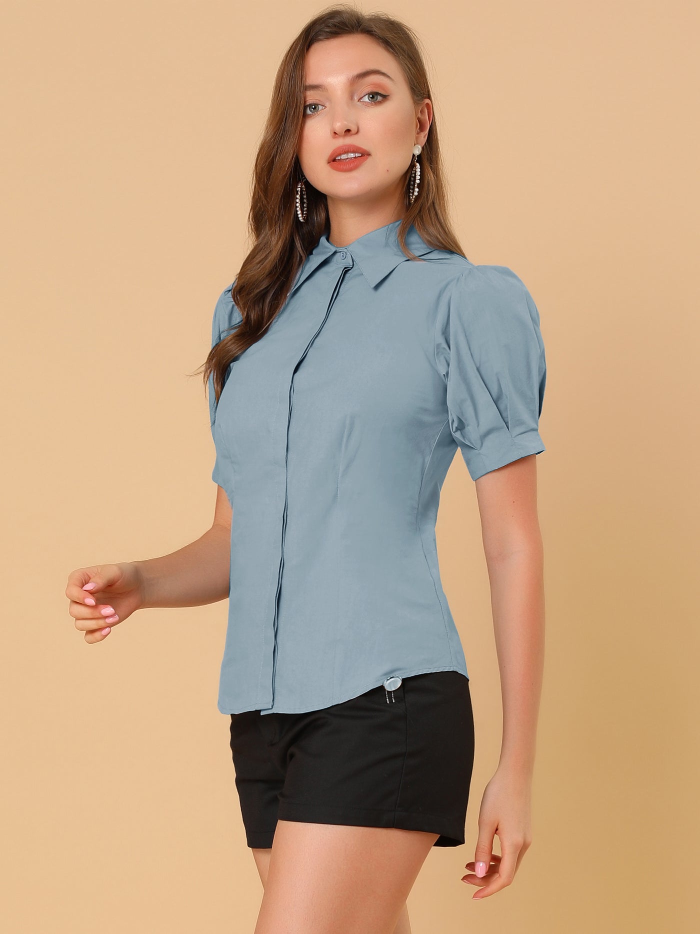 Allegra K Puff Sleeve Collared Cotton Work Office Button Down Shirt