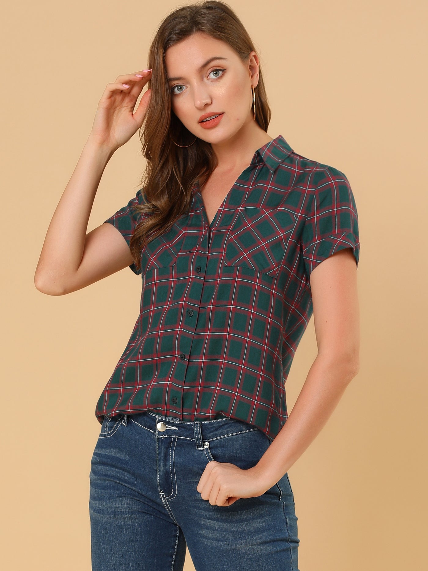 Allegra K Button Down Cotton Classic Western Plaid Shirt