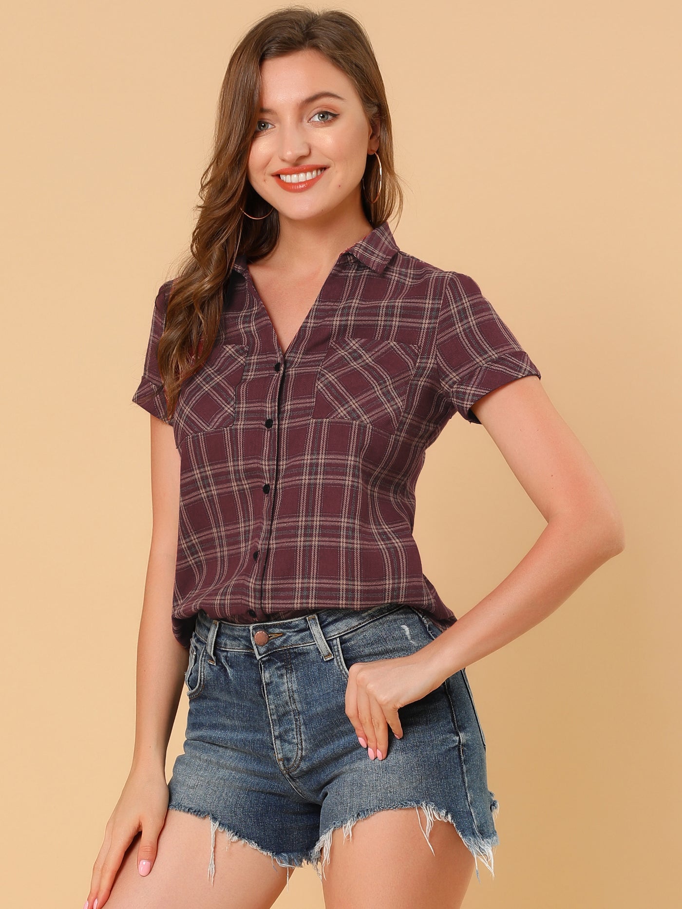 Allegra K Button Down Cotton Classic Western Plaid Shirt