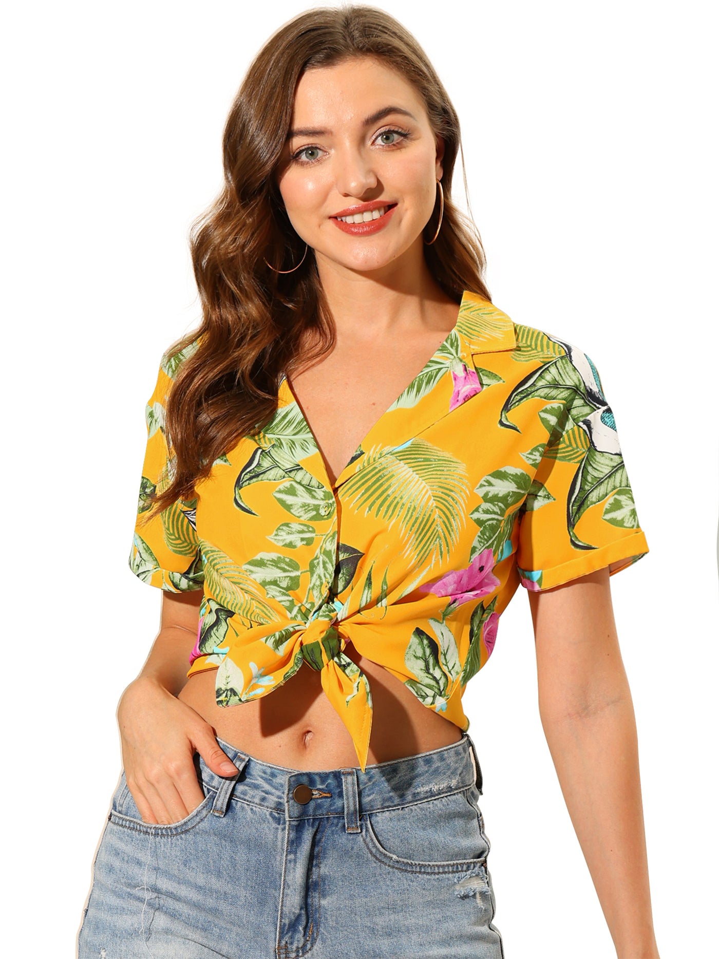 Allegra K Hawaiian Floral Leaves Tropical Button Down Shirt