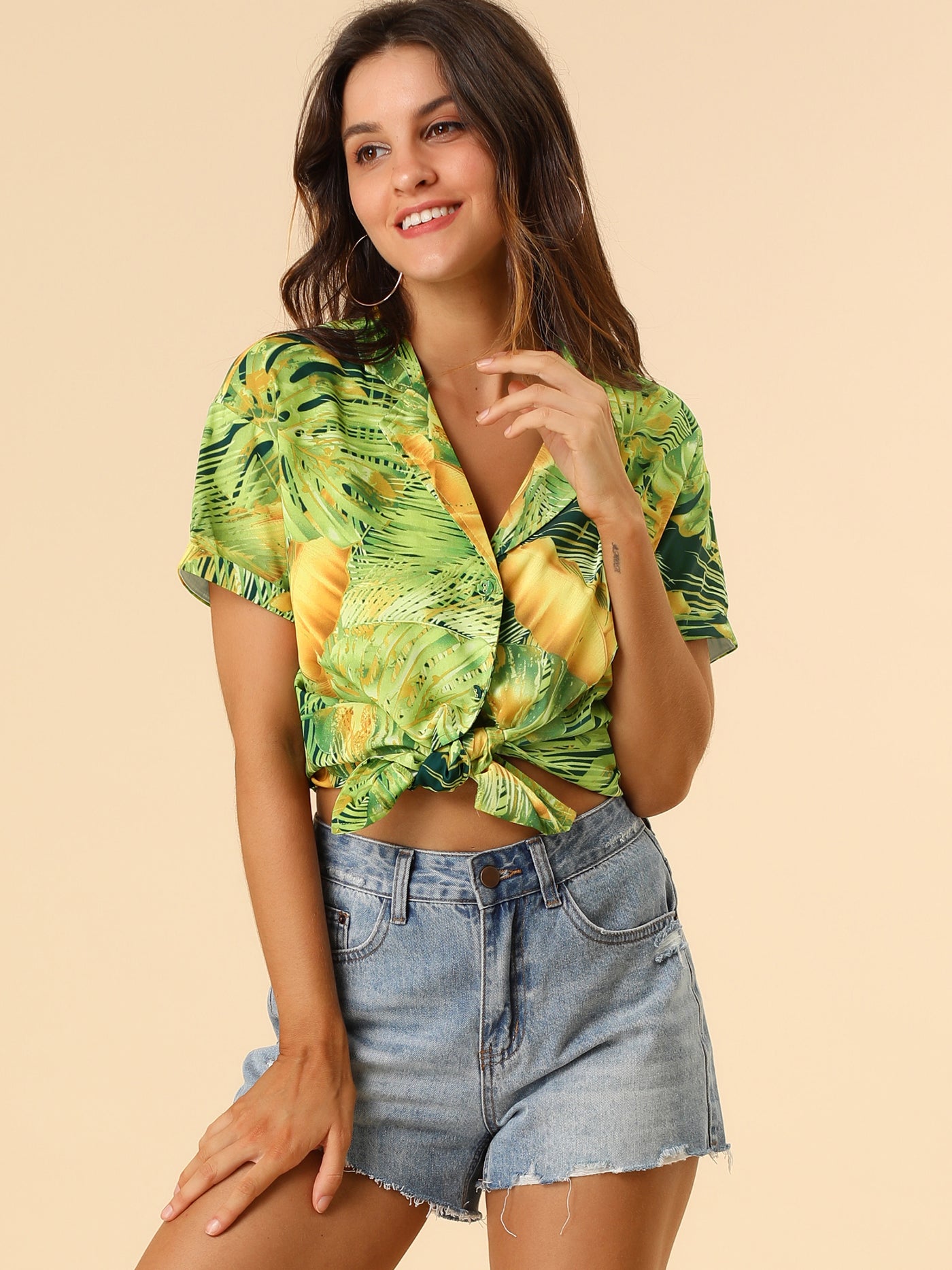 Allegra K Hawaiian Floral Leaves Tropical Button Down Shirt