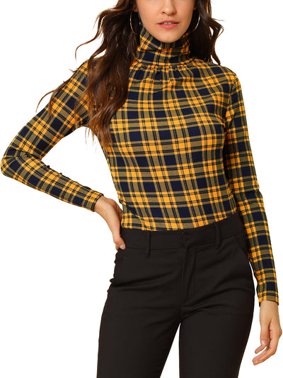 Long Sleeve Turtleneck Stretch Slim Christmas Party Plaid Shirt