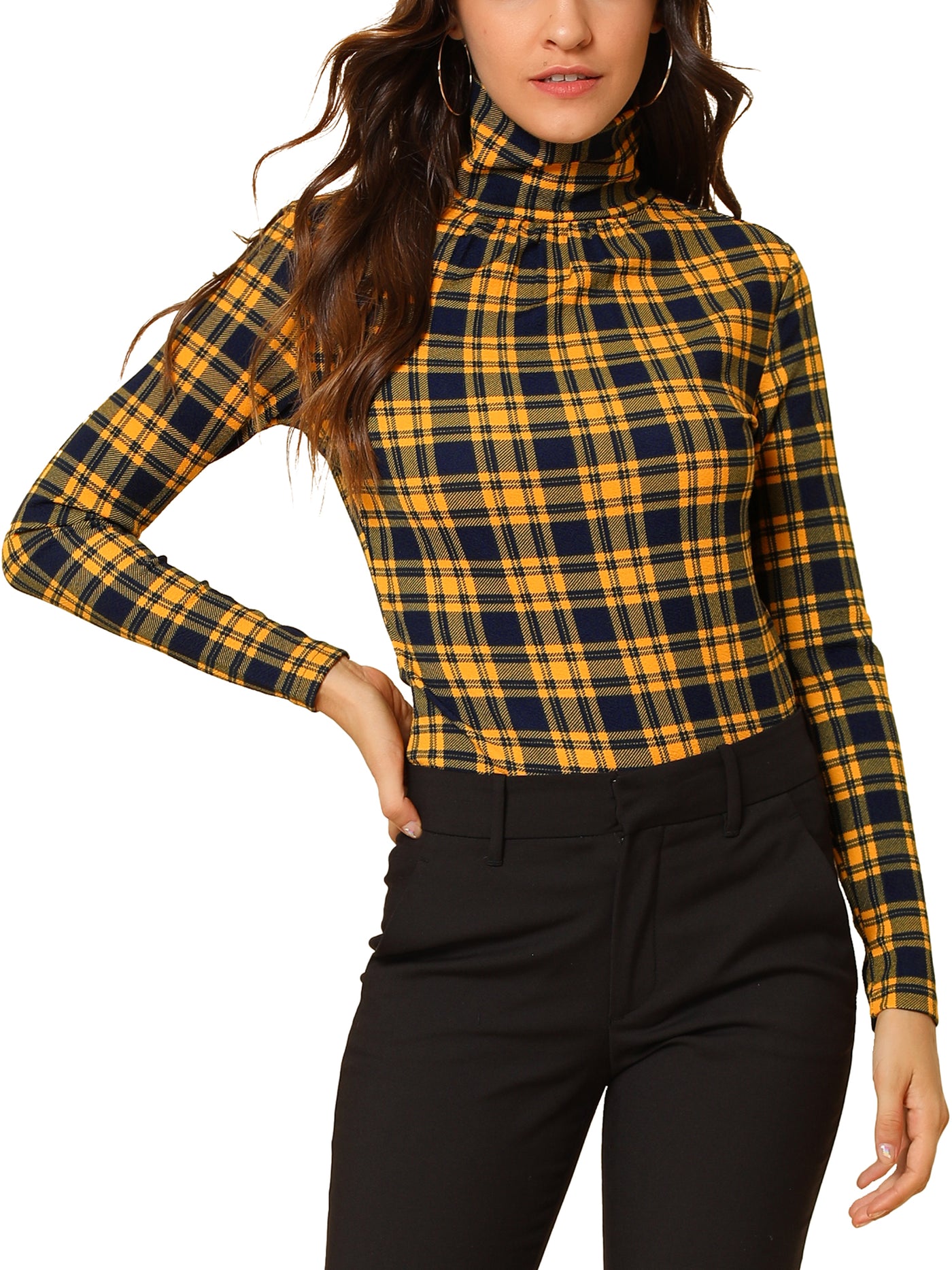 Allegra K Long Sleeve Turtleneck Stretch Slim Christmas Party Plaid Shirt