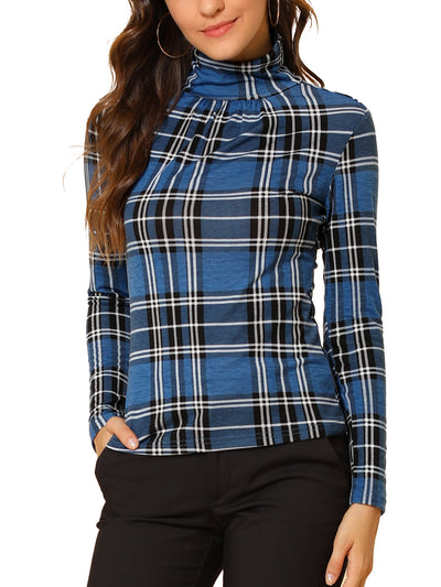 Long Sleeve Turtleneck Stretch Slim Christmas Party Plaid Shirt