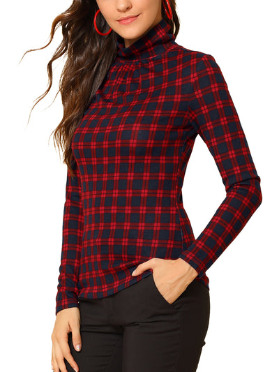 Long Sleeve Turtleneck Stretch Slim Christmas Party Plaid Shirt