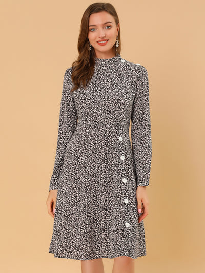 Floral Stand Collar Button Decor Swing Fall Dress
