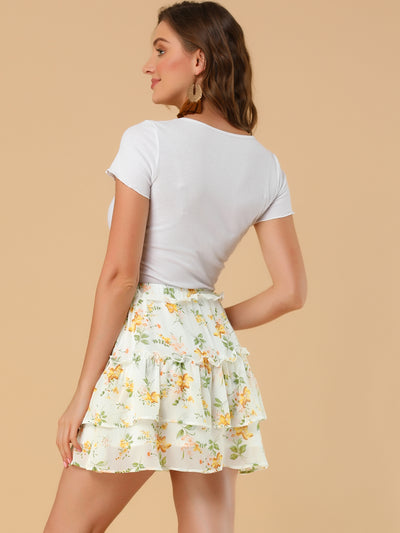 Layered Ruffle Hem Elastic Waist A-Line Skater Floral Mini Skirt