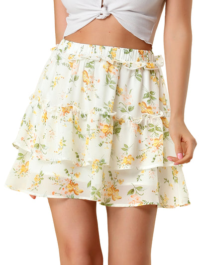 Layered Ruffle Hem Elastic Waist A-Line Skater Floral Mini Skirt