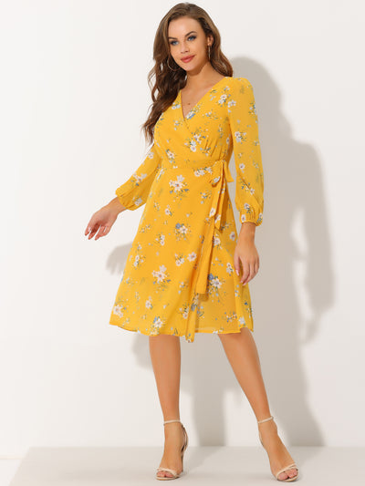 Chiffon Floral V Neck Tie Waist Bishop Sleeve Casual Wrap Midi Dress