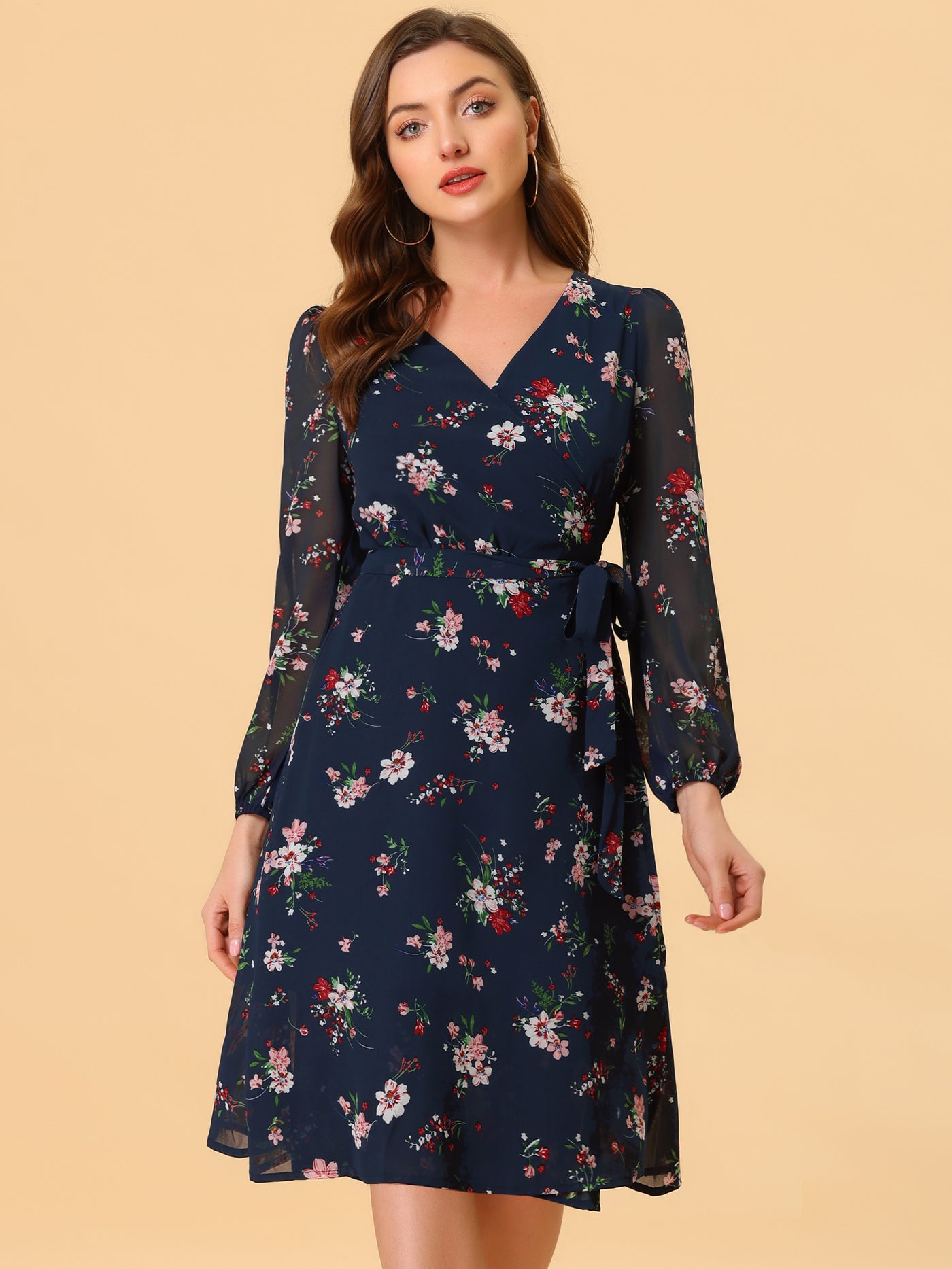 Allegra K Chiffon Floral V Neck Tie Waist Bishop Sleeve Casual Wrap Midi Dress