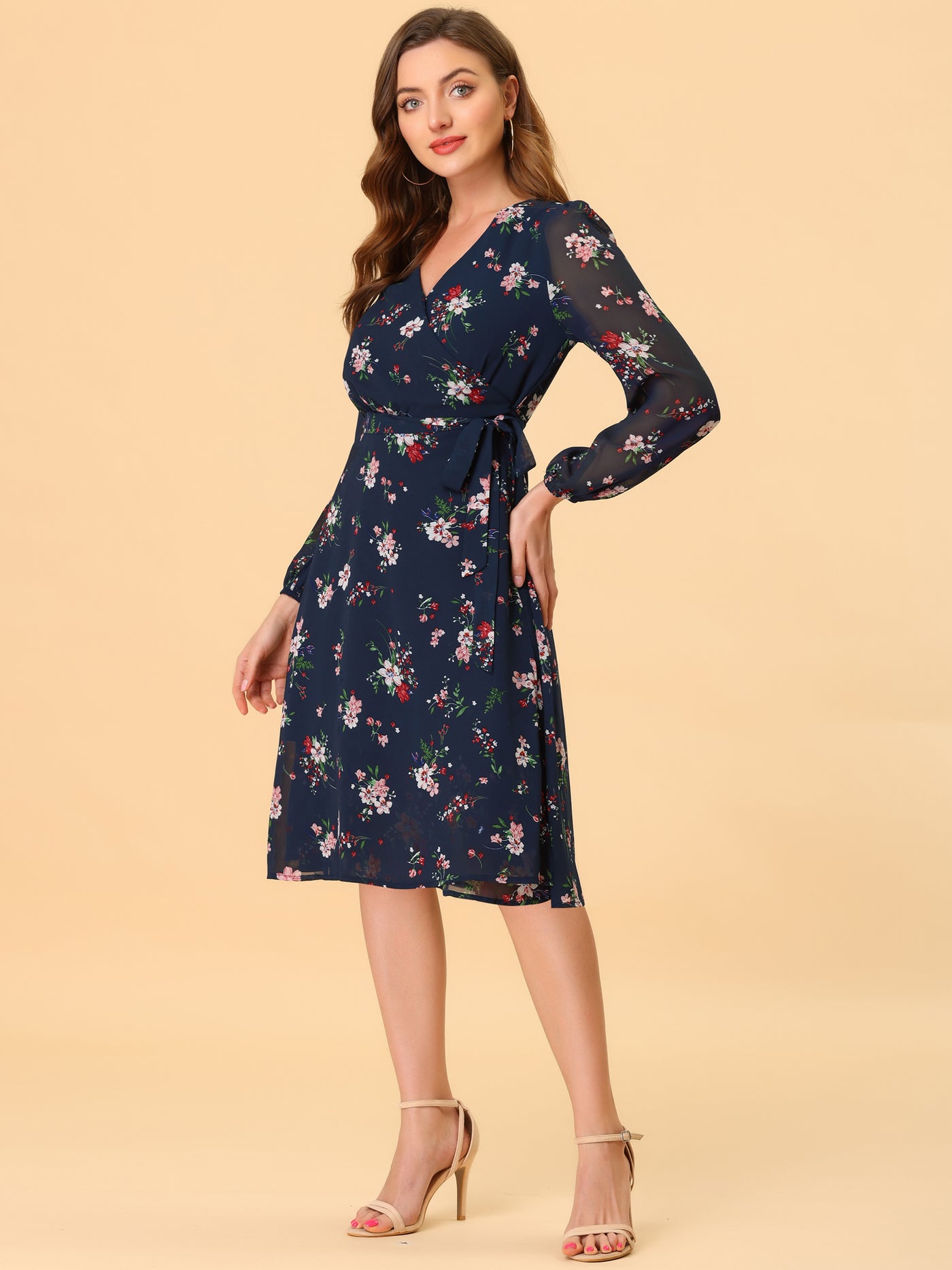 Allegra K Chiffon Floral V Neck Tie Waist Bishop Sleeve Casual Wrap Midi Dress