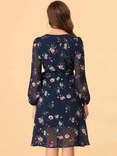 Chiffon Floral V Neck Tie Waist Bishop Sleeve Casual Wrap Midi Dress