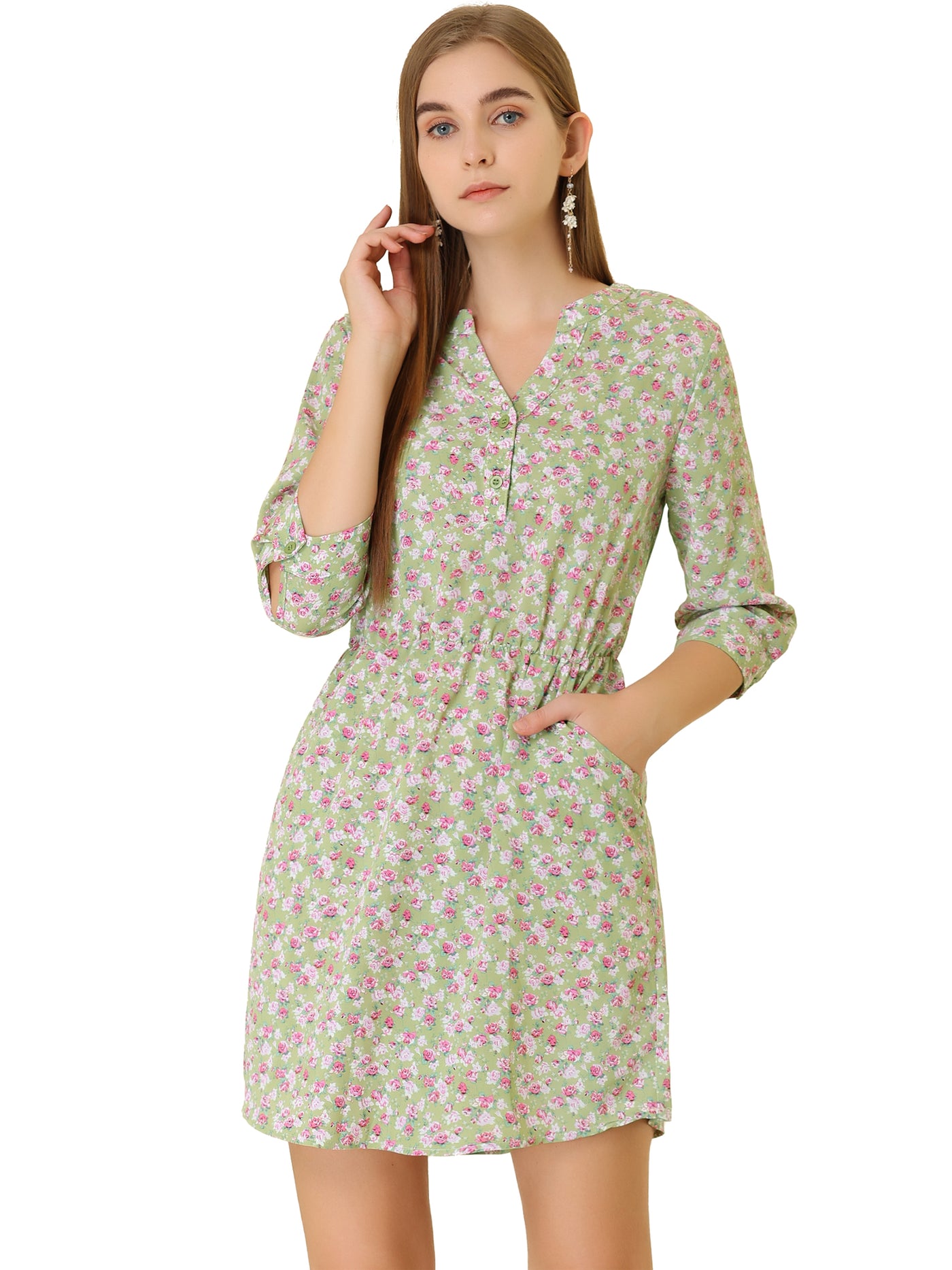 Allegra K Button-Up V Neck 3/4 Sleeve Floral T-Shirt Dress with Pockets