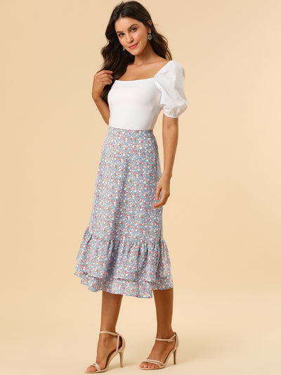 Printed Chiffon Elastic Waist Ruffle Tiered Flowy Midi Skirt