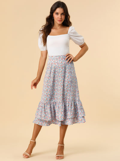 Printed Chiffon Elastic Waist Ruffle Tiered Flowy Midi Skirt