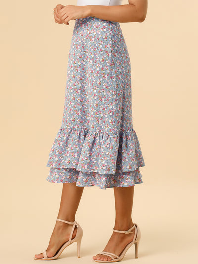 Printed Chiffon Elastic Waist Ruffle Tiered Flowy Midi Skirt