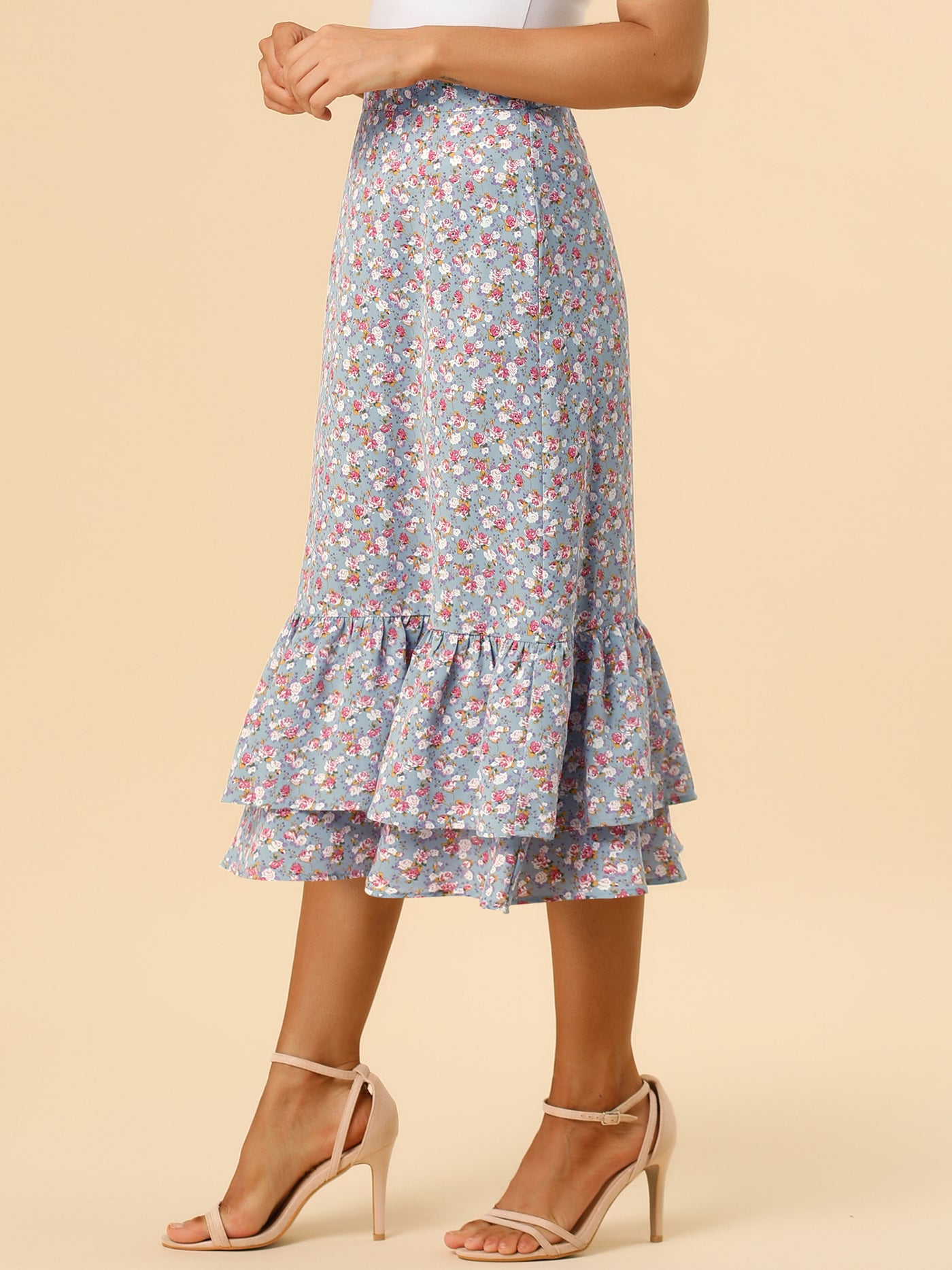 Allegra K Printed Chiffon Elastic Waist Ruffle Tiered Flowy Midi Skirt