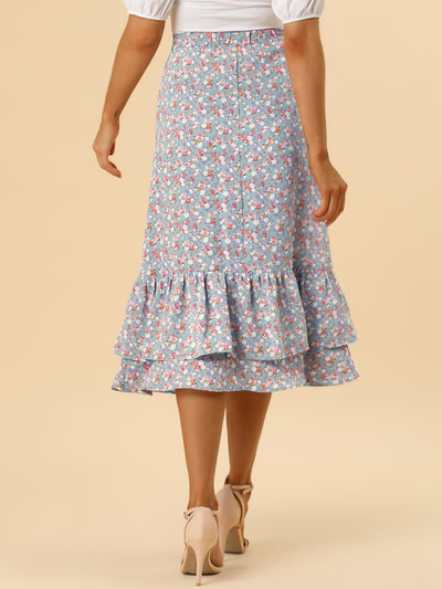 Printed Chiffon Elastic Waist Ruffle Tiered Flowy Midi Skirt