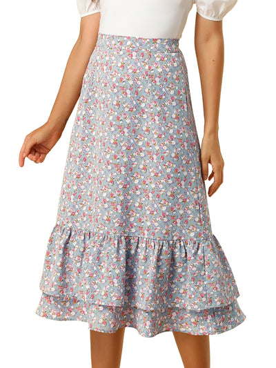 Printed Chiffon Elastic Waist Ruffle Tiered Flowy Midi Skirt