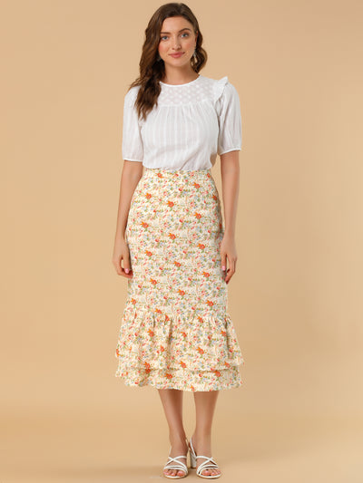 Printed Chiffon Elastic Waist Ruffle Tiered Flowy Midi Skirt