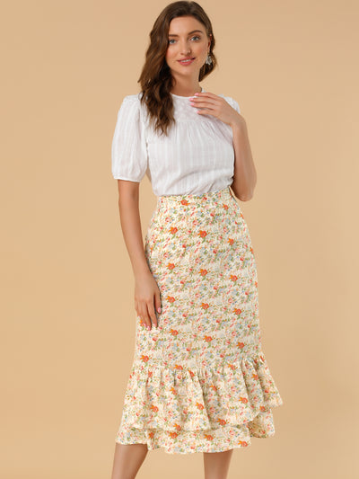 Printed Chiffon Elastic Waist Ruffle Tiered Flowy Midi Skirt