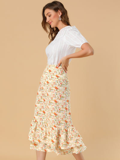 Printed Chiffon Elastic Waist Ruffle Tiered Flowy Midi Skirt