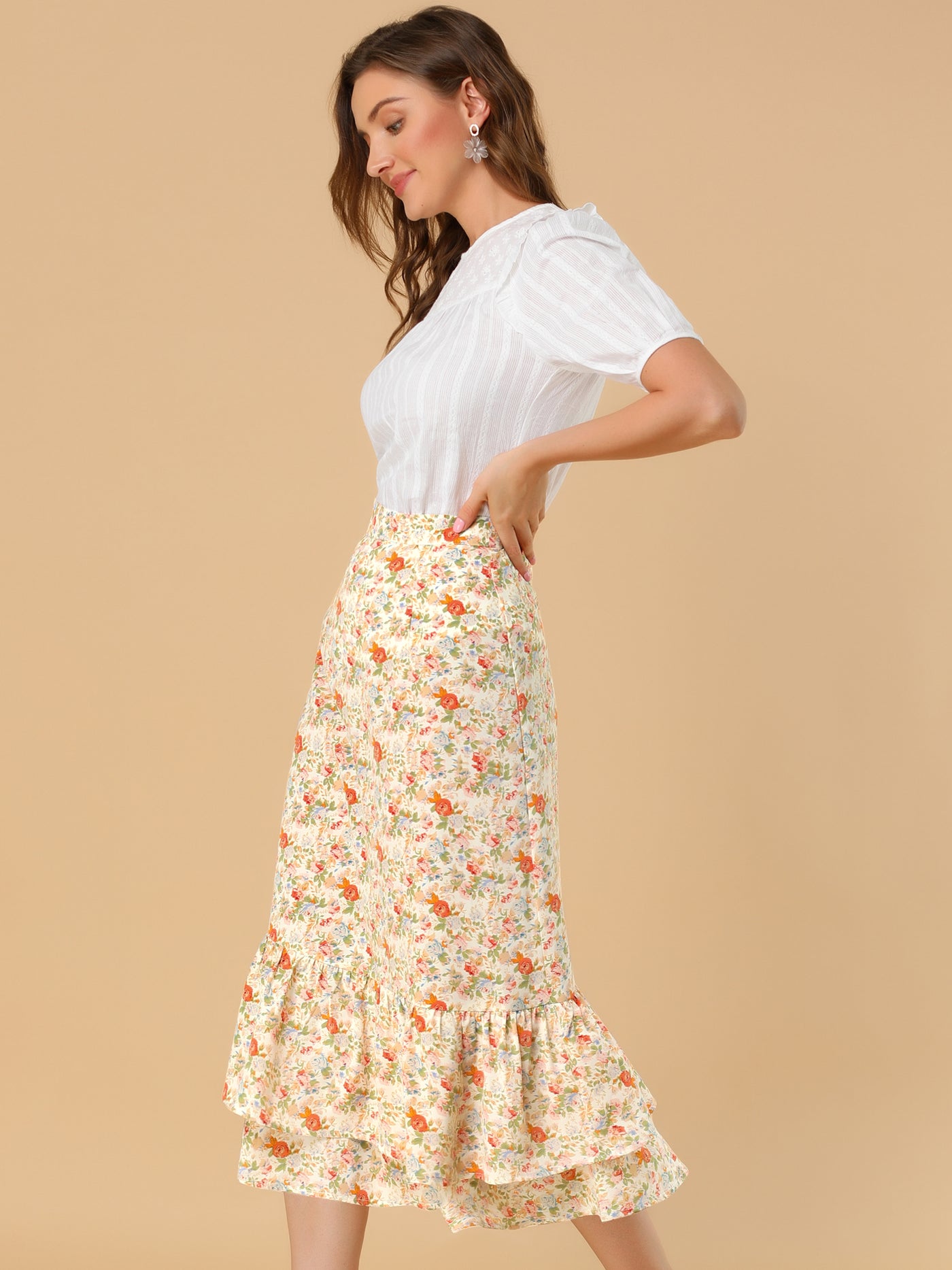 Allegra K Printed Chiffon Elastic Waist Ruffle Tiered Flowy Midi Skirt