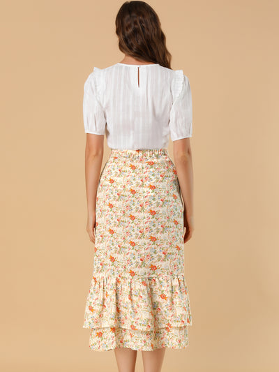 Printed Chiffon Elastic Waist Ruffle Tiered Flowy Midi Skirt